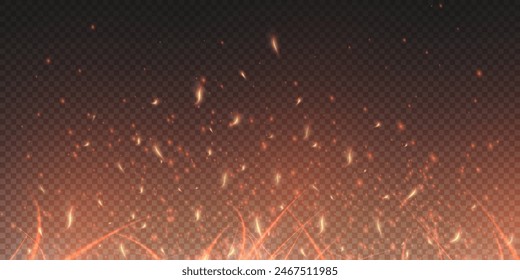 Burning hot sparks effect with embers burning ash and smoke flying in the air. Burning glowing particles. Flame of fire with sparks isolated on a black transparent background. Flame png.