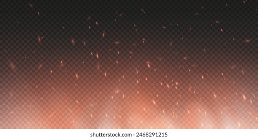 Burning hot sparks effect with embers burning ash and smoke flying in the air. Burning glowing particles. Flame of fire with sparks isolated on a black transparent background. Flame png.