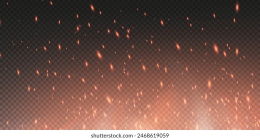 Burning hot sparks effect with embers burning ash and smoke flying in the air. Burning glowing particles. Flame of fire with sparks isolated on a black transparent background. Flame png.