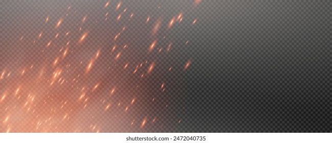 Burning hot sparks effect with embers burning ash and smoke flying in the air. Burning glowing particles. Flame of fire with sparks isolated on a black transparent background. Flame png.