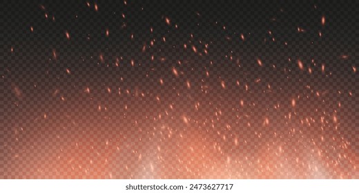 Burning hot sparks effect with embers burning ash and smoke flying in the air. Burning glowing particles. Flame of fire with sparks isolated on a black transparent background. Flame png.