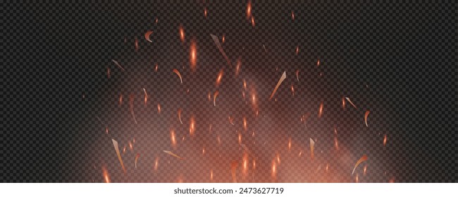 Burning hot sparks effect with embers burning ash and smoke flying in the air. Burning glowing particles. Flame of fire with sparks isolated on a black transparent background. Flame png.