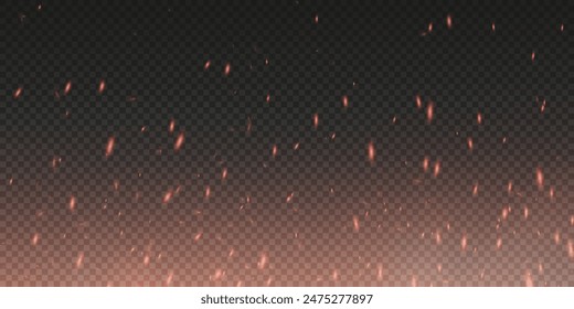 Burning hot sparks effect with embers burning ash and smoke flying in the air. Burning glowing particles. Flame of fire with sparks isolated on a black transparent background. Flame png.