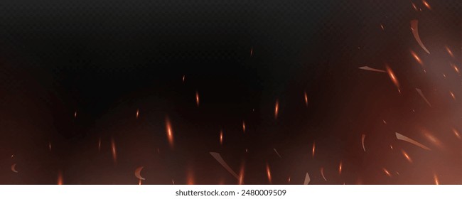 Burning hot sparks effect with embers burning ash and smoke flying in the air. Burning glowing particles. Flame of fire with sparks isolated on a black transparent background. Flame png.