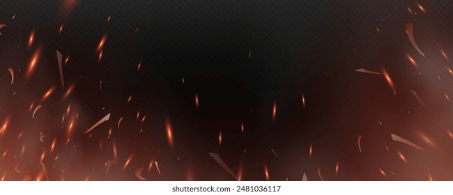 Burning hot sparks effect with embers burning ash and smoke flying in the air. Burning glowing particles. Flame of fire with sparks isolated on a black transparent background. Flame png.