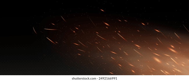 Burning hot sparks effect with embers burning ash and smoke flying in the air. Burning glowing particles. Flame of fire with sparks isolated on a black transparent background. Flame png.