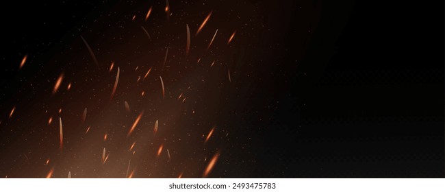 Burning hot sparks effect with embers burning ash and smoke flying in the air. Burning glowing particles. Flame of fire with sparks isolated on a black transparent background. Flame png.