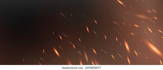 Burning hot sparks effect with embers burning ash and smoke flying in the air. Burning glowing particles. Flame of fire with sparks isolated on a black transparent background. Flame png.