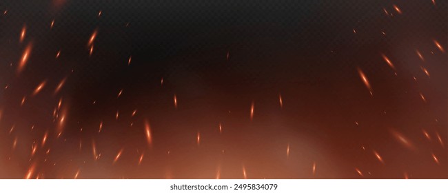 Burning hot sparks effect with embers burning ash and smoke flying in the air. Burning glowing particles. Flame of fire with sparks isolated on a black transparent background. Flame png.