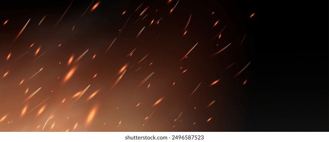 Burning hot sparks effect with embers burning ash and smoke flying in the air. Burning glowing particles. Flame of fire with sparks isolated on a black transparent background. Flame png.