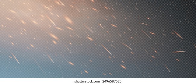 Burning hot sparks effect with embers burning ash and smoke flying in the air. Burning glowing particles. Flame of fire with sparks isolated on a black transparent background. Flame png.