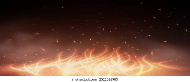 Burning hot sparks effect with embers burning ash and smoke flying in the air. Burning glowing particles. Flame of fire with sparks isolated on a black transparent background. Flame png.