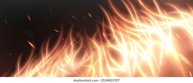 Burning hot sparks effect with embers burning ash and smoke flying in the air. Burning glowing particles. Flame of fire with sparks isolated on a black transparent background. Flame png.