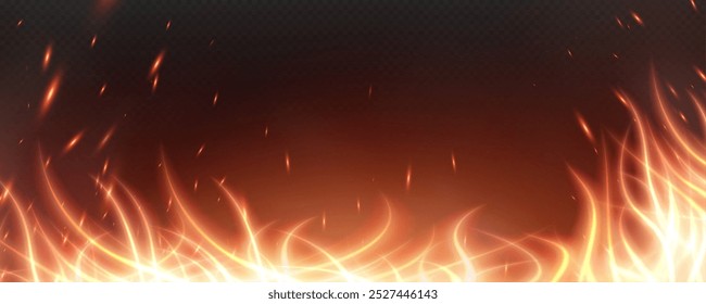 Burning hot sparks effect with embers burning ash and smoke flying in the air. Burning glowing particles. Flame of fire with sparks isolated on a black transparent background. Flame png.