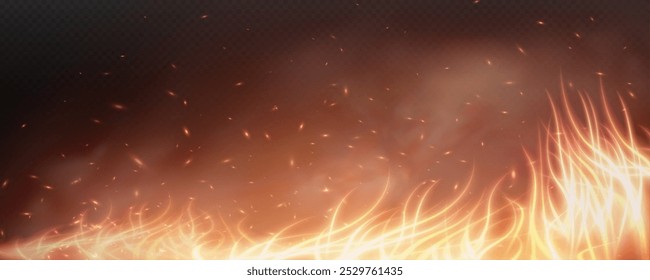 Burning hot sparks effect with embers burning ash and smoke flying in the air. Burning glowing particles. Flame of fire with sparks isolated on a black transparent background. Flame png.