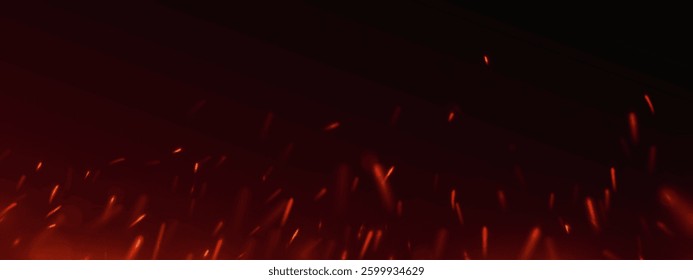 Burning hot sparks and glowing embers fly up. Fiery abstract background with bright red fire particles on black. Bonfire flames, fireworks, heat or welding sparks with dark dramatic atmosphere.