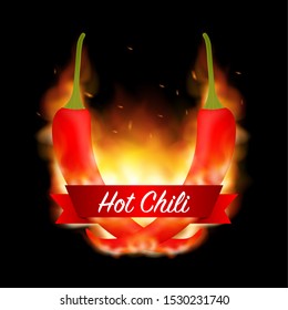 A burning hot spicy red chilli pepper covered in flames. Extra spicy pepper. Vector illustration.