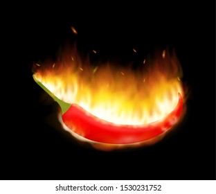 A burning hot spicy red chilli pepper covered in flames. Extra spicy pepper. Vector illustration.