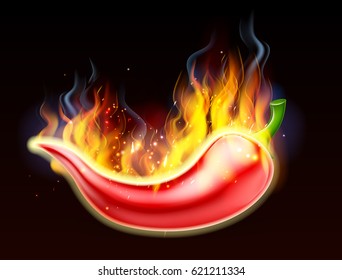 A burning hot spicy red chilli pepper covered in flames