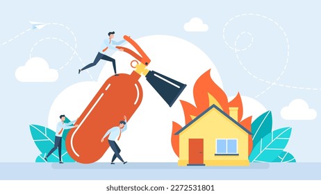 A burning house is being extinguished from extinguisher. Fireman team put out a house fire. Firefighter using fire extinguisher for fire fighting burning house. Department rescuer. Vector illustration