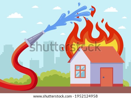 a burning house is being extinguished from a hose. flat vector illustration.