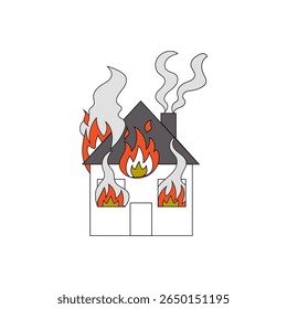 Queimando a catástrofe da casa. Vetor de incêndio doméstico. Cena de aumento de fumaça. Símbolo de emergência de incêndio.