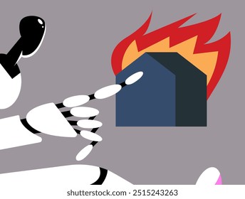 Burning house. Emergencies situations. AI Robot Puts out fire. Flat vector illustration.