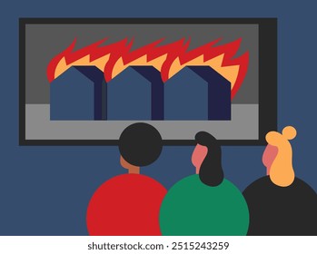 Burning house. Emergencies situations. Girls Puts out fire. Flat vector illustration.