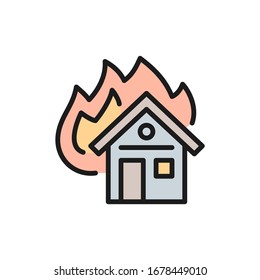 Burning house, fire insurance flat color line icon.