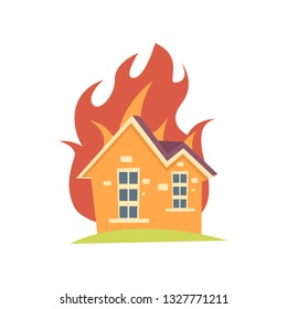 Burning house with fire outside the walls isolated on white background
