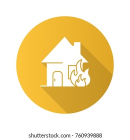 Burning house flat design long shadow glyph icon. House on fire. Vector silhouette illustration