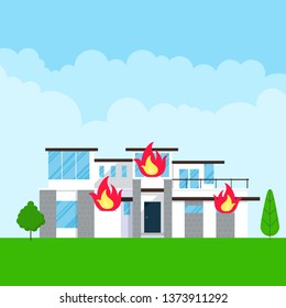 Burning house flat style design vector illustration with fire flames in the windows. Fire insurance concept accident.