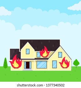 Burning house flat style design vector illustration with fire flames in the windows. Fire insurance concept accident.