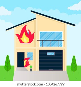 Burning house flat style design vector illustration with fire flames in the windows. Fire insurance concept accident.