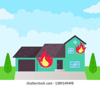 Burning house flat style design vector illustration with fire flames in the windows. Fire insurance concept accident.