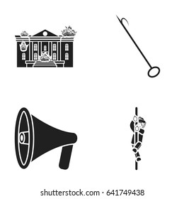 Burning house, hook, megaphone, fire. Fire department set collection icons in black style vector symbol stock illustration web.