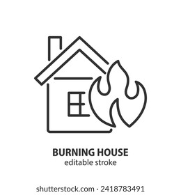 Burning house line icon. Home insurance symbol. Editable stroke. Vector illustration.