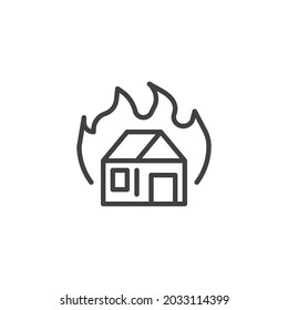 Burning house line icon. linear style sign for mobile concept and web design. House and fire flame outline vector icon. Symbol, logo illustration. Vector graphics