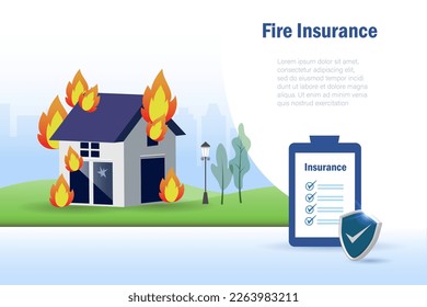 Burning house on fire with fire insurance policy for protection from disaster and fire. Idea for home and property insurance. Landing page banner for website.