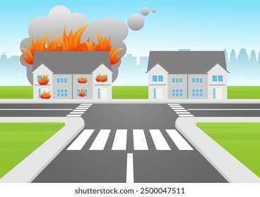 Burning house. House on fire. Fire in the House.  Vector Illustration.