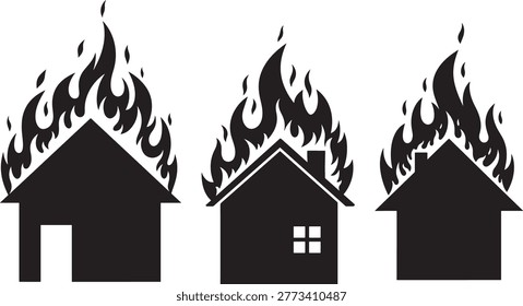 Burning house silhouette icon fire hazard danger. Vector symbol.