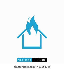 Burning house vector. Isolated blue icon on white background.
