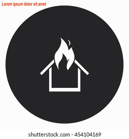 Burning house web icon. Gray circle button with white illustration.