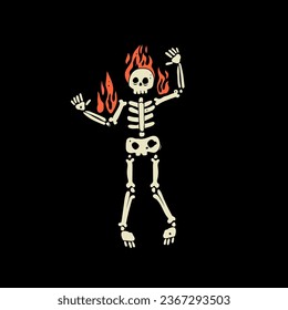 Burning human Skeleton. Hand drawn modern Vector illustration. Isolated design element. Poster, logo, print template. Cute creepy character. Halloween, spooky, horror, holiday concept