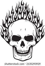 Burning Human Skull Black and White. Vector illustration.