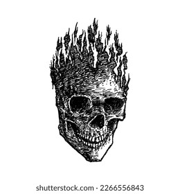 Burning Human Skull, hand drawn illustration vector