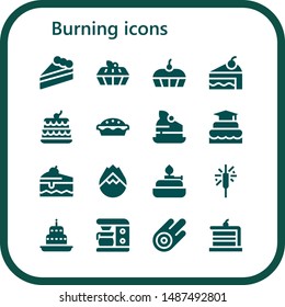 burning icon set. 16 filled burning icons.  Collection Of - Cake, Forest fire, Burner, Sparkler, Coffee maker, Asteroid