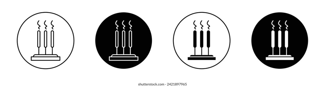 Burning Incense Stick Icon Set. Aromatic Fragrant Spa Zen Yoga Vector Symbol in a black filled and outlined style. Indian Agarbatti Smoke Sign.