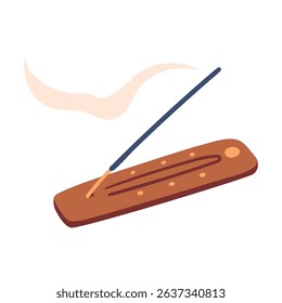 Burning incense stick on a wooden holder with swirling aromatic smoke. Aromatherapy concept. Hand drawn vector illustration.