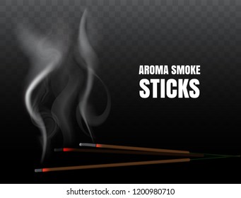 Burning indian incense joss sticks with realistic smoke on transparent background. Vector illustration of buddhist praying and fire meditation with aroma incense stick